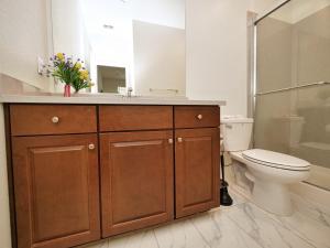 萨克拉门托Luxury 3 Bedroom House Near Sacramento Airport的一间带水槽、卫生间和淋浴的浴室