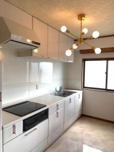 鹿儿岛ガナダン中央駅 3f 無料駐車場的厨房配有白色橱柜、水槽和吊扇