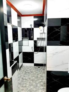 奥南海滩Areeya Phubeach Resort的黑白浴室设有淋浴和卫生间