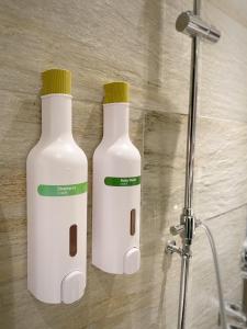 大园区艾尔芙公园行旅的两瓶白瓶,坐在淋浴的墙上