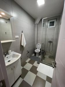 瓦列沃Apartman Antonovic的带淋浴、盥洗盆和卫生间的浴室