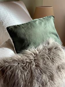 奥伯劳Das Bergquartier - Ferienwohnung Krottenkopf的灰色模糊枕套的枕头
