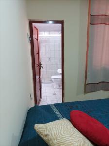 塔里哈Hotel Apartamentos "Dominó"的一间卧室配有一张床,浴室设有卫生间