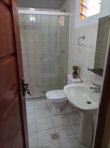 塔里哈Hotel Apartamentos "Dominó"的浴室配有卫生间、盥洗盆和淋浴。