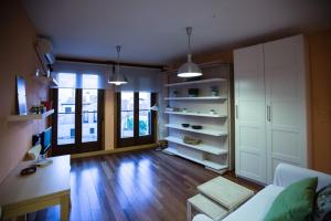 萨拉曼卡套房之家公寓的客厅铺有木地板,配有白色橱柜。
