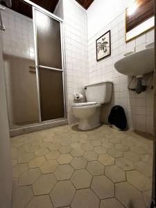 亚美尼亚Hotel Alpino的浴室配有卫生间、淋浴和盥洗盆。