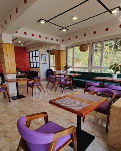 甘托克Soke Boutique Homestay的餐厅设有紫色椅子、桌子和窗户