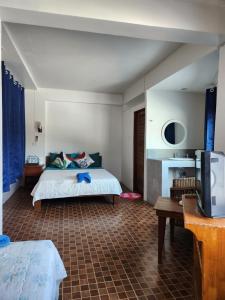 哈林海滩Petit Suncliff Resort的一间卧室配有一张床和一台电视。