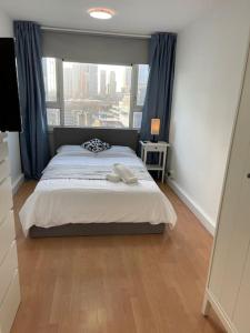 伦敦Self-catering fully equipped apartment in Vauxhall的一间卧室设有一张大床和大窗户