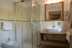卡斯特尔罗托蒂罗尔公园酒店的一间带玻璃淋浴和水槽的浴室