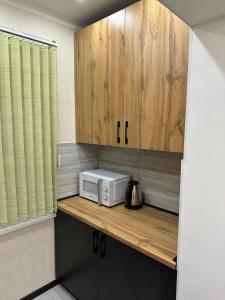 奇姆肯特Двухкомнатная квартира的厨房配有带微波炉的柜台和木制橱柜。
