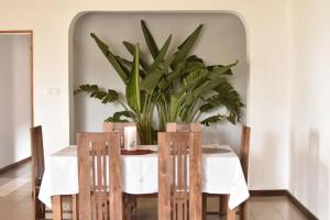 塔那那利佛Villa paisible proche des rizières的一间用餐室,配有带盆栽的桌子