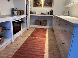 SvebølleFarmens Gæstehus的厨房配有白色橱柜和地板上的地毯