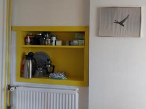 温特斯韦克Klein Ni'jenhoes的厨房里有一个黄色的架子,上面有鸟