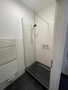 不莱梅Zimmervermietung Am Airport的浴室里设有玻璃门淋浴