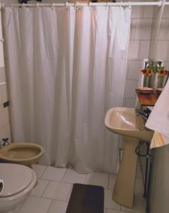 瓜伊马延Tiempo de Paz的浴室配有淋浴帘、卫生间和盥洗盆。