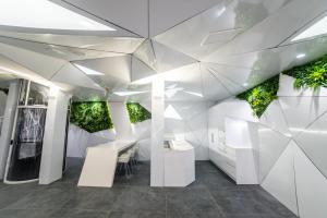 马德里Optimi Rooms Madrid的白色的墙壁上挂有植物