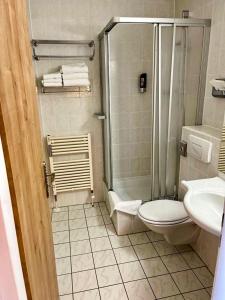 菲利普斯罗伊特Apartmány Almberg的带淋浴、卫生间和盥洗盆的浴室