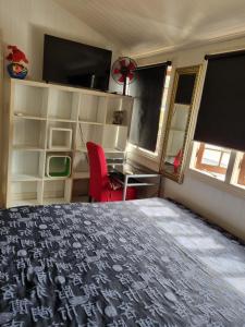凯恩斯朱莉的民宿的一间卧室配有一张床、一张书桌和一个窗户。