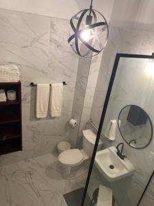 圣胡安352 Guest House Hotel Boutique的一间带卫生间、水槽和镜子的浴室