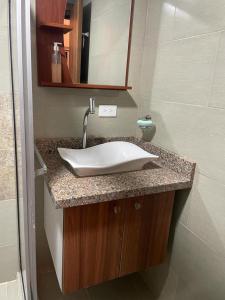 埃斯梅拉达斯Departamento en Esmeraldas的浴室设有白色水槽和镜子