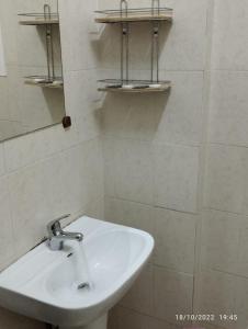 苏尔Al Basateen Hotel Apartment的墙上设有带水槽和架子的浴室