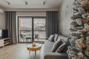 什切尔克Szczyrk Ptasie Apartamenty NOWOŚĆ z widokiem na góry的带沙发和圣诞树的客厅