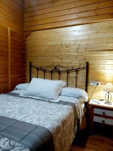 阿罗约弗里奥Cabañas los Pinos Arroyo Frio的一间卧室设有一张床和木墙