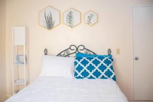 Belmontlovely 2 bedroom Apt 4 warm cosy comfortable的一间卧室配有一张带蓝色和白色枕头的床