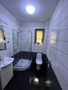 什切尔克Beskidzka 25a的浴室配有卫生间、淋浴和盥洗盆。
