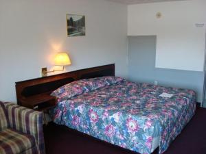 本顿灰色广场汽车旅馆 的一间卧室配有一张床、一盏灯和一把椅子