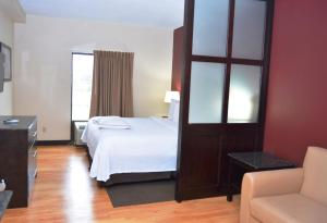 查塔努加查塔努加红屋顶酒店及套房 - 市中心的配有一张床和一把椅子的酒店客房