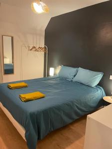 库埃斯农河畔罗Baie du mont saint michel - 6 personnes - Spa privatif的一间卧室配有蓝色的床和两张黄色毛巾