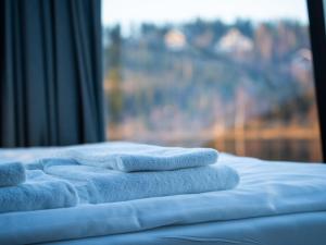 HyrynsalmiLake Igloo Ukkohalla的一堆毛巾坐在床上,靠窗