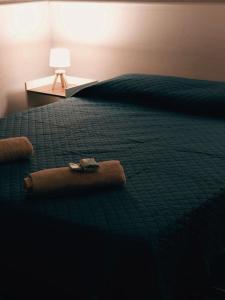 MariscalaEl Refugio - Hotel Mariscala的一张带绿色棉被的床和一张带台灯的桌子