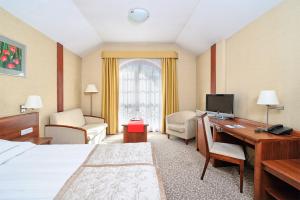 奥格罗杰涅茨Centuria Hotel & Natural Spa的酒店客房配有一张床和一张书桌及一台电视