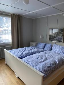 坎德施泰格Familienferien im Chalet Bärgli Kandersteg的一间卧室配有一张带蓝色棉被的大床