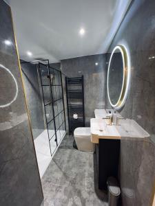 邓弗里斯Modern Town-Centre Apartment的一间带卫生间、水槽和镜子的浴室