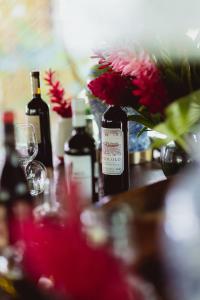 托尔图格罗Mawamba Lodge的一张桌子,上面放有两瓶葡萄酒和一个花瓶