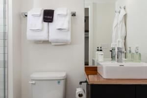 贝灵厄姆Hotel Leo的浴室配有盥洗盆、卫生间和毛巾。