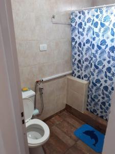 别德马alquilerpordiviedma的浴室设有卫生间和蓝白色的浴帘。