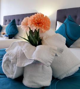 凯恩斯凯恩斯奢华海滨公寓的床上一束鲜花,带毛巾