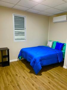 SabanaCasitas at Flambohio Beach Camp的一间卧室配有一张带蓝色床单的床和一扇窗户。