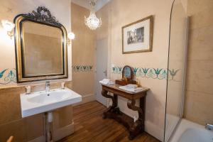 布尔日L'Hotel de Panette, Un exceptionnel château en ville的浴室配有盥洗盆、镜子和浴缸