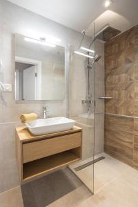 布达佩斯K46 Residence的一间带水槽和玻璃淋浴的浴室