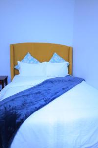 开普敦Lalibela gust house 2的一张带蓝色床单和枕头的白色床