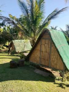 SampalokCamp Mayagay Tanay Rizal的草上带绿色屋顶的小小屋