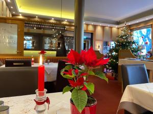 特劳恩施泰因Parkhotel Traunstein的餐厅的圣诞树,桌上有红色的鲜花
