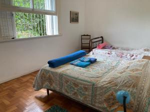 彼得罗波利斯Casa Verde em Petrópolis的一间卧室配有两张带蓝色枕头的床。