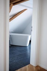 万根伊姆阿尔戈伊Trautesheim Ferienwohnungen的阁楼设有带浴缸的浴室。
